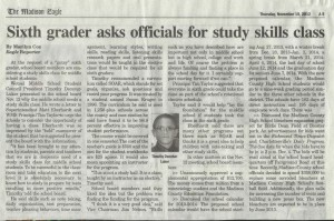 Newspaper article about Timothy entitled, "Sixth Grader Asks Officials for Study Skills Class."